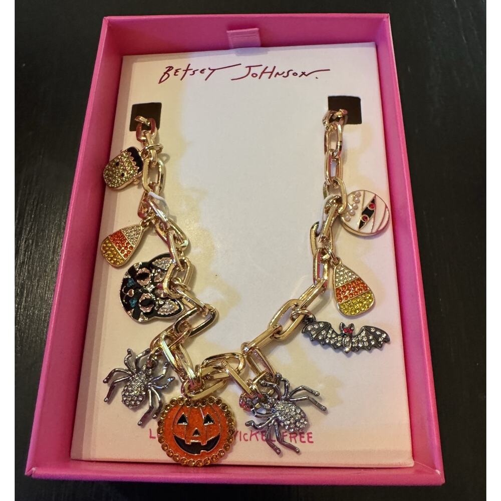 NIB Betsey Johnson Halloween Multi Charm Frontal Necklace Statement Pumpkin Cat - Picture 2 of 7